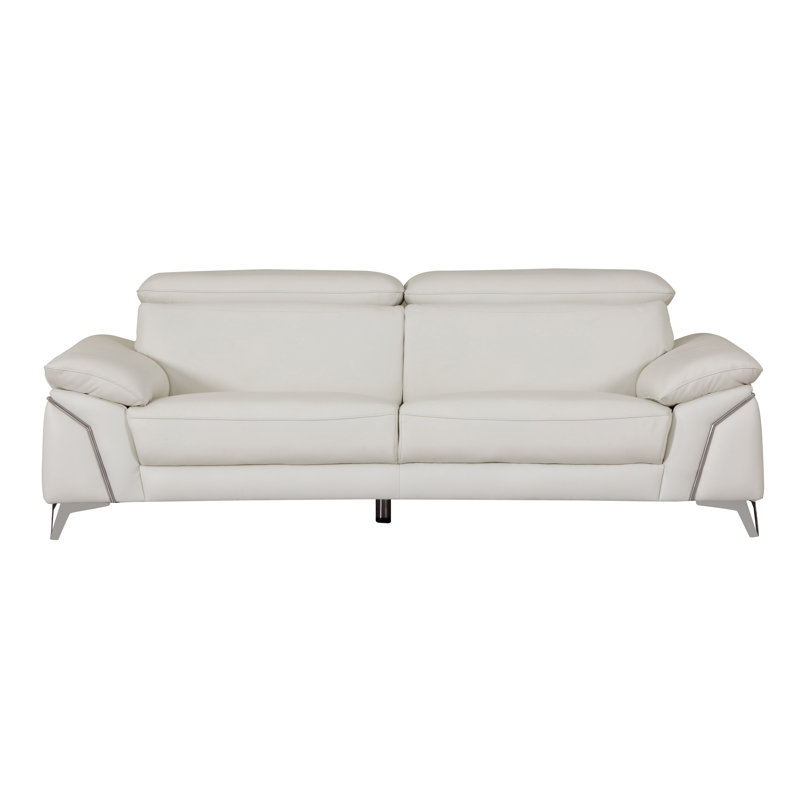 White Sofa with Adjustable Headrest in Genuine Leather, White