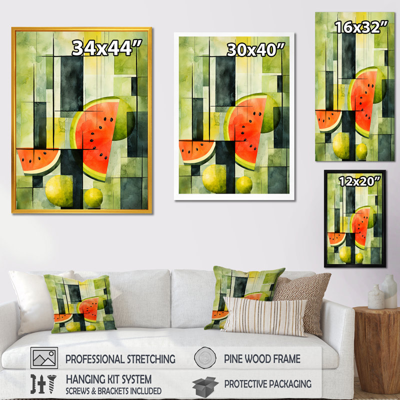 Cubique vert pastèque, motif 2 - Melon, art mural, H 44 po x l 34 po x P 1,5 po