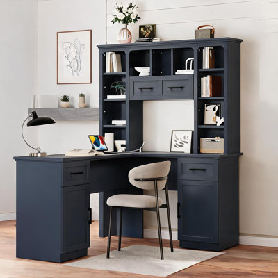 Bureau de direction en L avec rangement intégré et prise intégrée, 2 armoires, 11 tablettes ouvertes, finition bleue