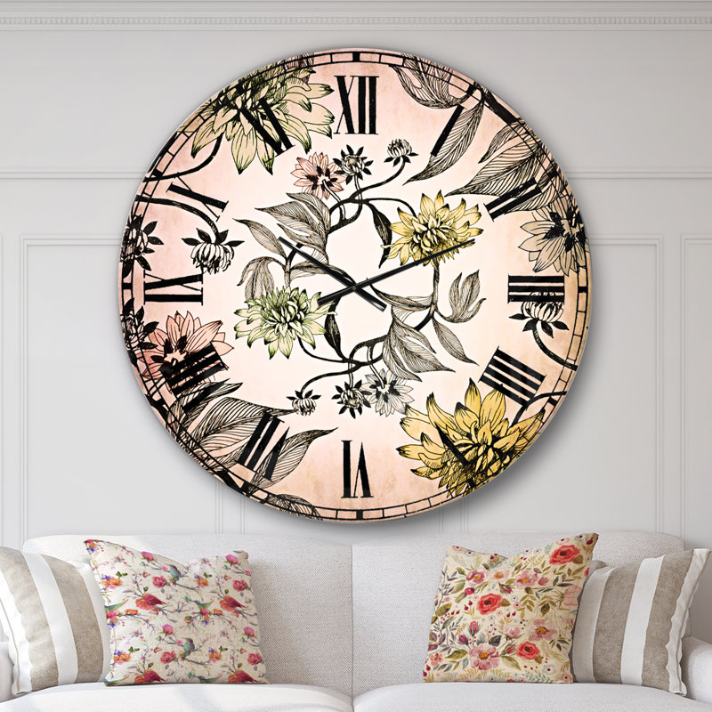 Fleurs d'été dessinées à la main - Horloge murale traditionnelle, Surdimensionné