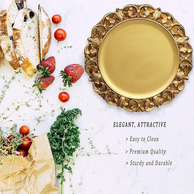 6 assiettes de présentation en plastique doré antique de 6 pièces, chargeurs texturés en relief pour assiettes parfaites pour les mariages et les décorations de table