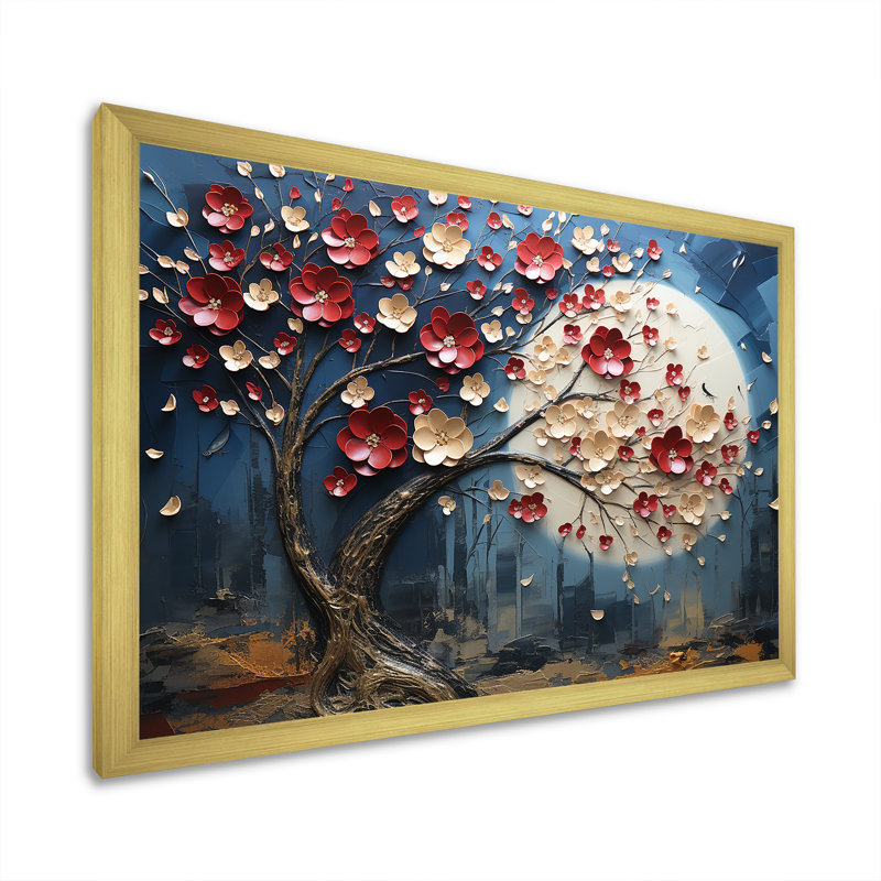 Fleur rouge et or au clair de lune beauté I - arbre, art mural, Cadre doré à coins fermés, H 12 po x l 20 po x P 1 po
