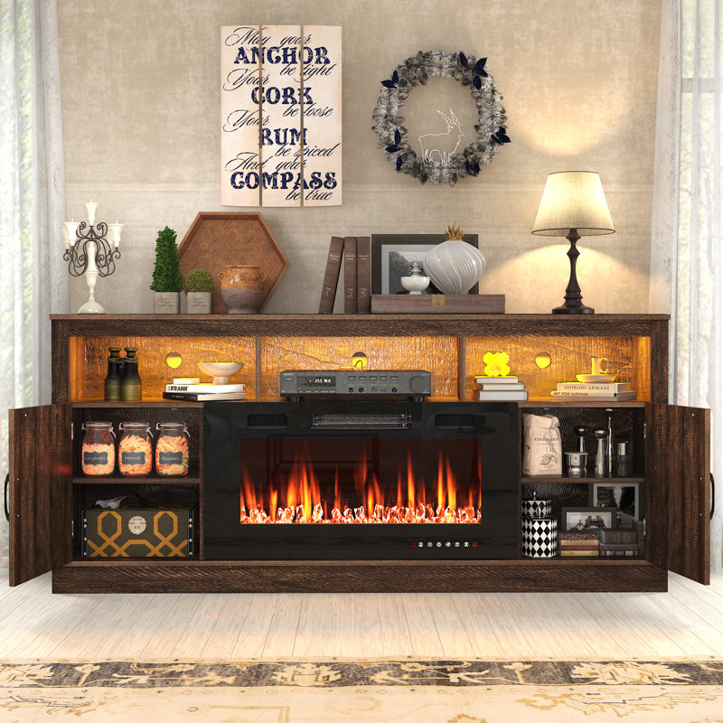 Zev Storage Credenza with Fireplace Included, 31.5" H x 70.8" W x 13.8" D, Walnut