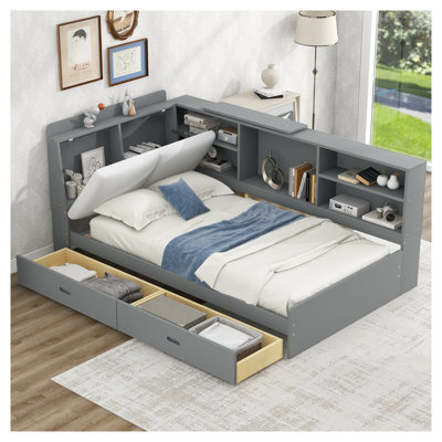 Lit plateforme gris simple avec tête de lit, bibliothèque et 2 tiroirs sous le lit - construction en bois massif