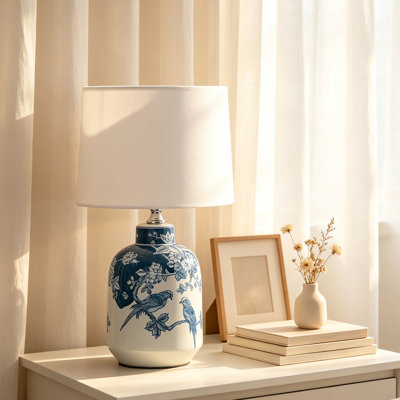 Petite lampe de table moderne en céramique blanche avec abat-jour en lin pour le salon de la chambre à coucher, ampoule incluse