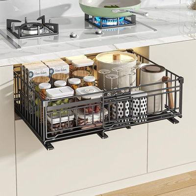 Expandable Pull-Out Kitchen Cabinet Organizer – Silent Sliding Steel Shelf – No Drilling, Durable Storage Rack for Cupboards, Pantry & Under basin – 1 Piece