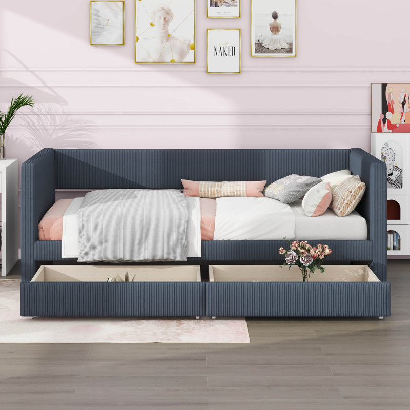 Lit de jour simple avec deux tiroirs et tête de lit à rayures, Gris