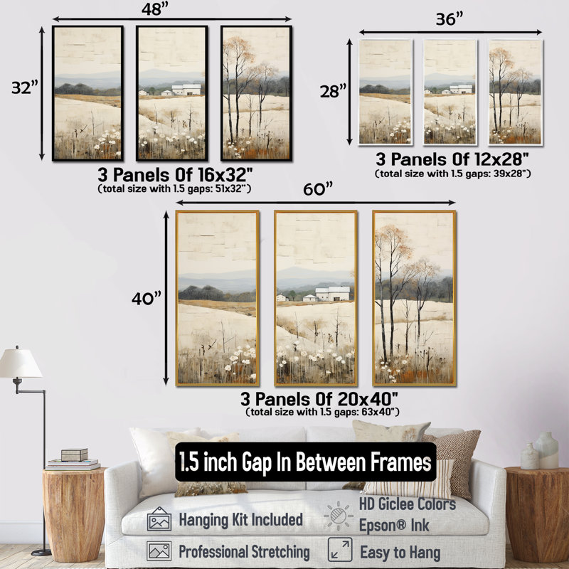 «Bold Mute Tone Countryside Landscape I», ensemble d'art sur toile, Cadre flottant blanc, H 32 po x l 48 po x P 1 po
