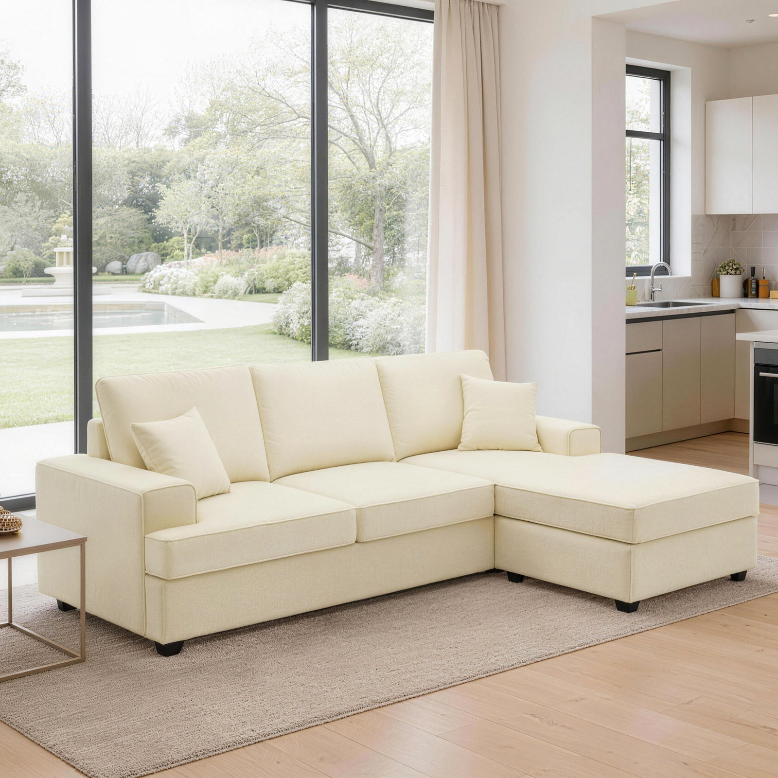 Alden 100'' Upholstered L shape Sofa with Convertible Chaise, Cream