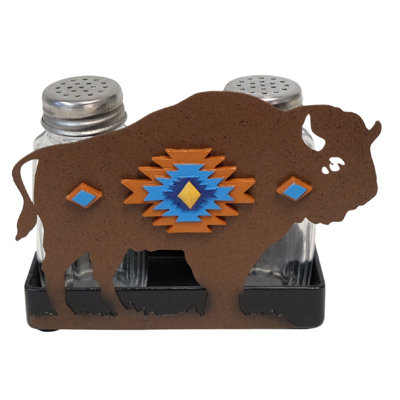 Metal Pecos Native Tribal North American Bison Buffalo Salt and Pepper Shaker Holder Set
