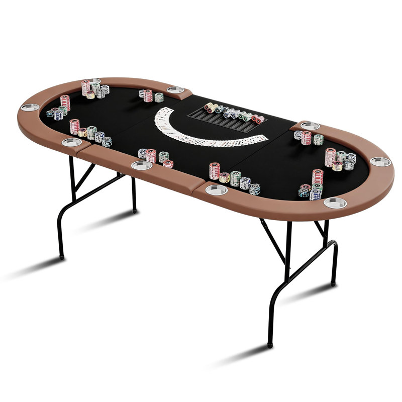 Table de poker ovale avec pieds pliables, plateau de jetons de poker, rails rembourrés et porte-gobelets