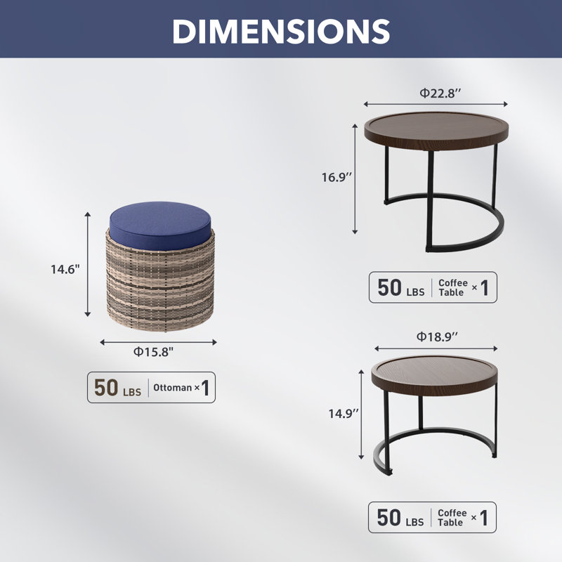 Round Nesting Coffee Table with Ottoman, Blue/Brown
