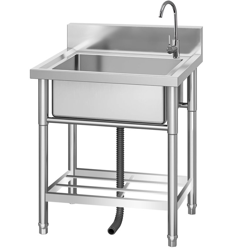 Évier utilitaire en acier inoxydable, évier à cuve simple autoportant avec robinet d'eau chaude et froide et sous la tablette, évier de garage pour la cuisine commerciale