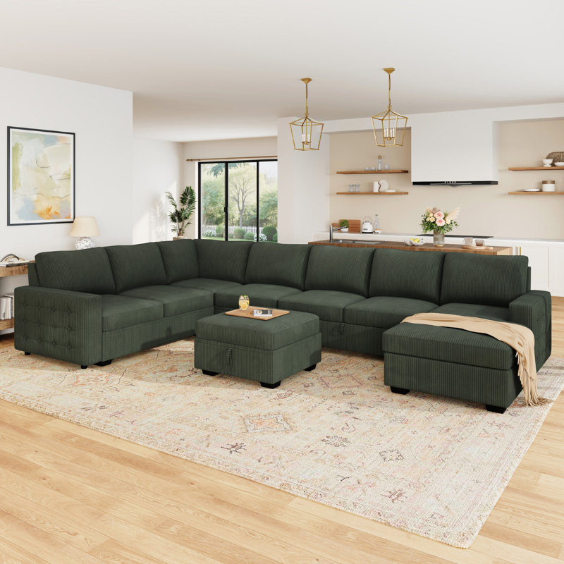 Rundey U-Shaped Oversized Sectional Corduroy Sleeper Sofa With Ottoman, Green Corduroy