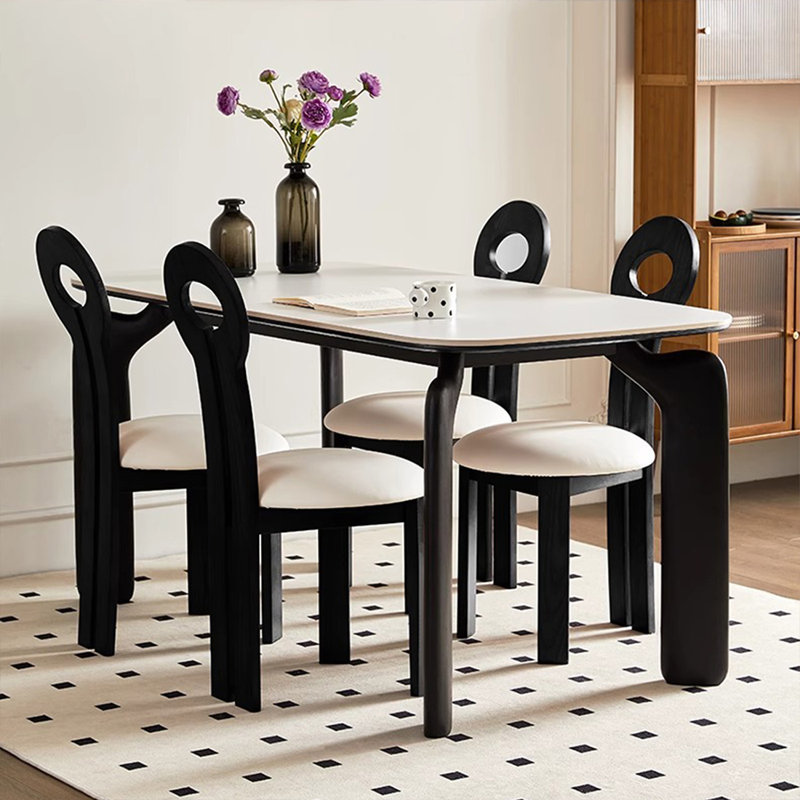 Ensemble de table de salle à manger 4 personnes blanc + noir en pierre frittée rectangulaire + bois massif