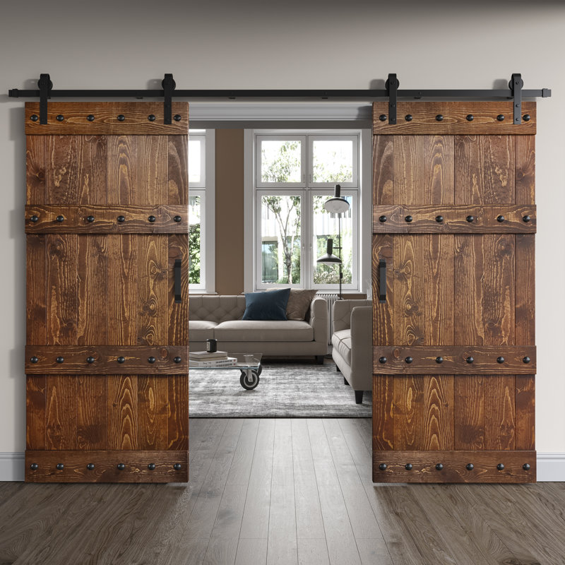 Porte de grange coulissante double en bois de pin avec trousse de quincaillerie Castle Series, Noyer foncé, 72 po x 84 po