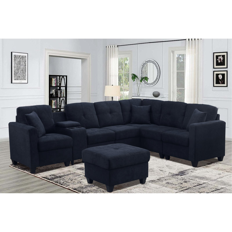 Canapé modulaire bleu foncé en microfibre 7 avec toucher doux et velouté - Coussin à deux porte-gobelets Structure en bois massif pour une durabilité à long terme
