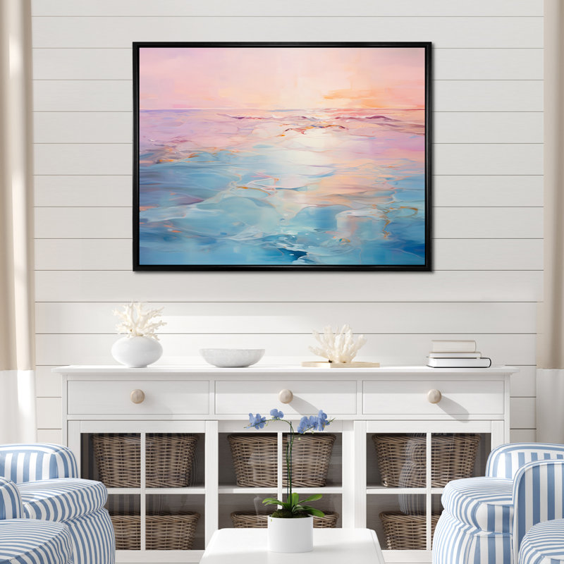 Rose et bleu pastel coucher de soleil - vagues côtières, art mural, H 24 po x l 32 po x P 1 po, Cadre flottant noir