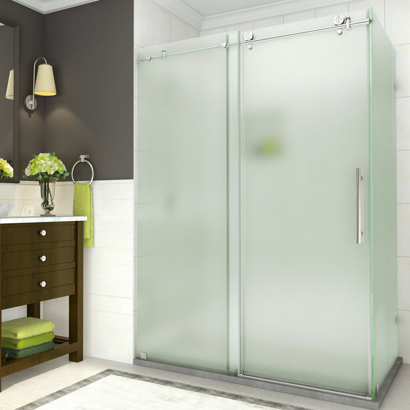 Coraline 56" - 60" W x 33.875" D x 76" H Frameless Sliding Shower Enclosure w/ Frosted Glass, Stainless Steel