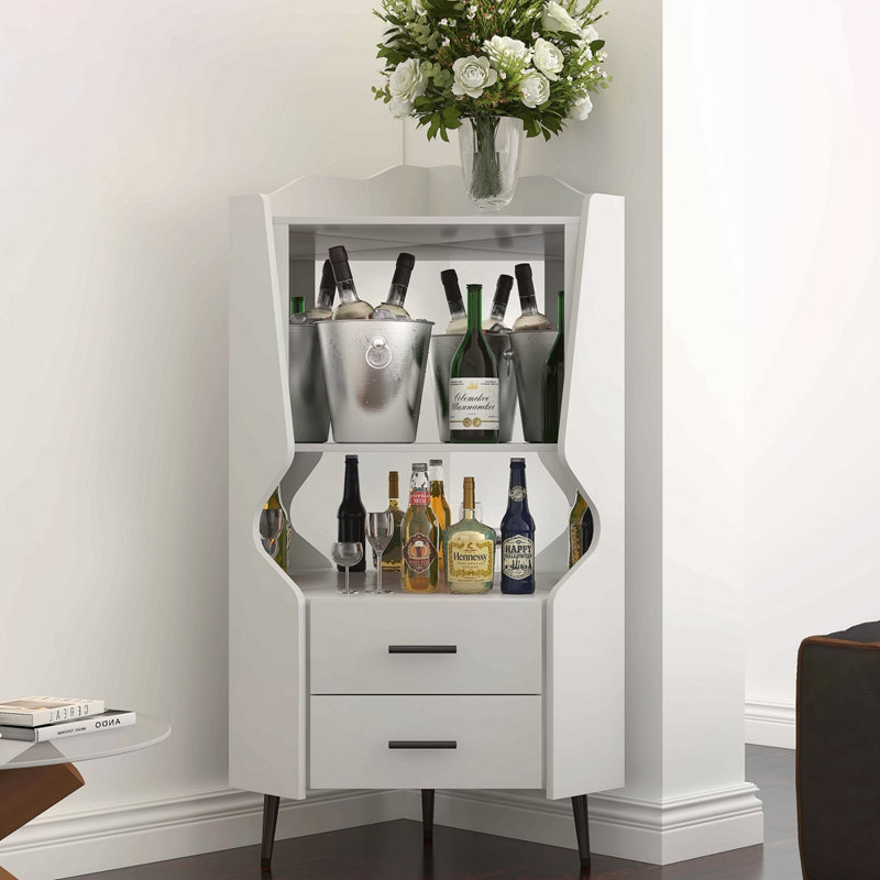 Armoire de bar en bois avec 2 tablettes de rangement ouvertes et 2 tiroirs, armoire à dossier en miroir, pieds et pieds hauts pour un nettoyage facile, armoire de buffet