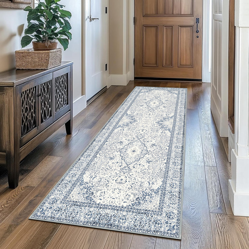 Washable Area Rug, Non-Slip Low Pile Soft Vintage Floral Print Carpet For Living Room, Bedroom, Kitchen Bathroom,Stain Resistant Lightweight Indoor Rugs,BLUE