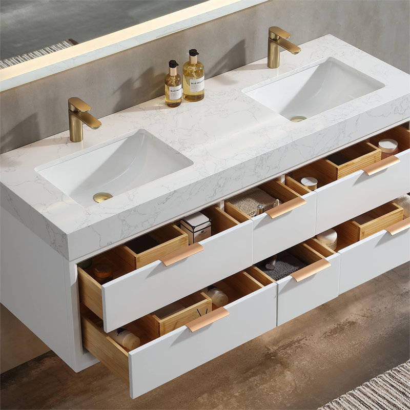 60'' Wall Mounted Double Bathroom Vanity with Engineered Stone Top, White