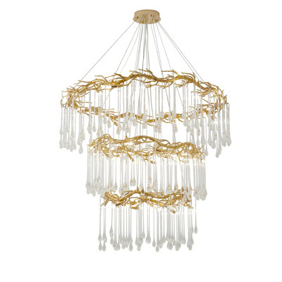 38 - Light Gold Chandelier With Glass Drop Accents