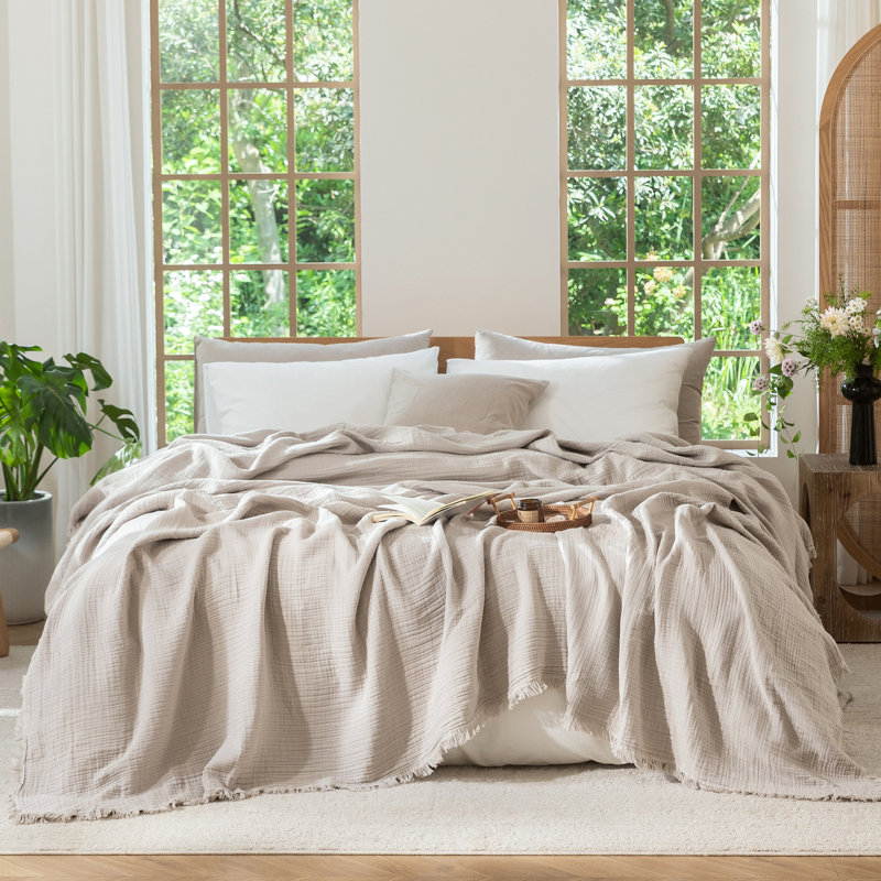 Jeté 100% coton 4 couches avec frange MooMee Airy, Gris crème, Très grand (104 po x 90 po)