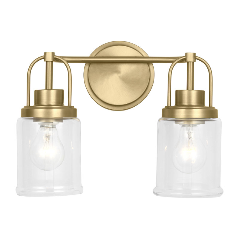 Amiliano Bathroom Bedroom Wall Fixture With Clear Shade, 10.5" H x 14" W x 6.75" D, 2 Lights, Satin Brass