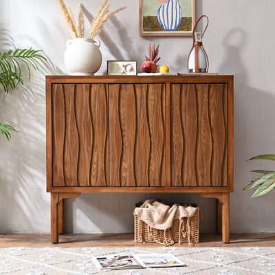 Vintage 3-Door Storage Cabinet With Adjustable Shelves, Slatted Doors, And Walnut Finish