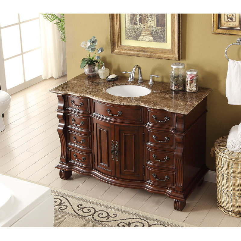 Meuble-lavabo de salle de bain Hopkinton traditionnel autoportant de 127 cm (50 pouces) en bois de cerisier, lavabo simple, dessus brun baltique, entièrement assemblé, collection Benton