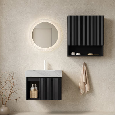 Ensemble combiné 30 po + TOBI 26 po, meuble-lavabo mural flottant pour salle de bain, plateau en pierre frittée blanc de Carrare, lavabo en céramique, 3 trous pré-percés, robinet et drain exclus, couleur noire