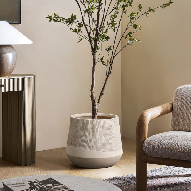 Blended Tan with Wood Pattern Round Tapered Tall MgO Planter, Indoor and Outdoor, 15.20" H x 17.30" W x 17.30" D