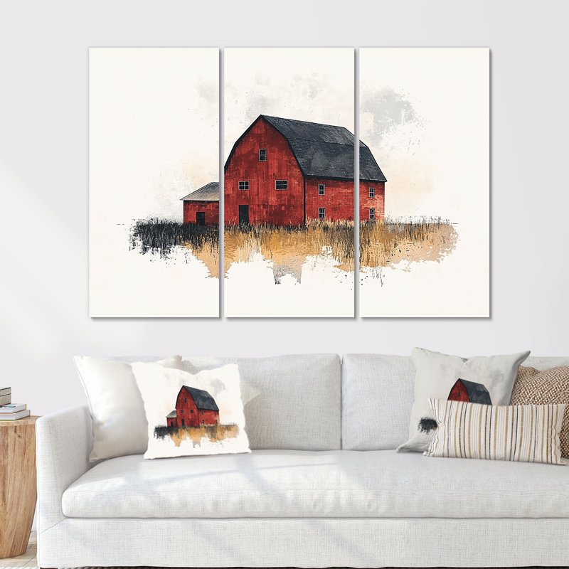 «Red and Black Rustic Barn Landscape I», ensemble de reproduction d'art mural de ferme, Métal métal