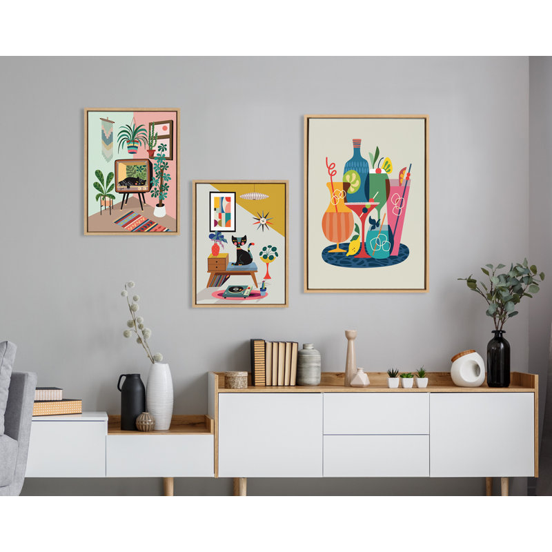 Mid Century Modern Cocktails by Rachel Lee 3 Birdies Studio Framed Canvas Wall Art Print, Gold Framed Canvas