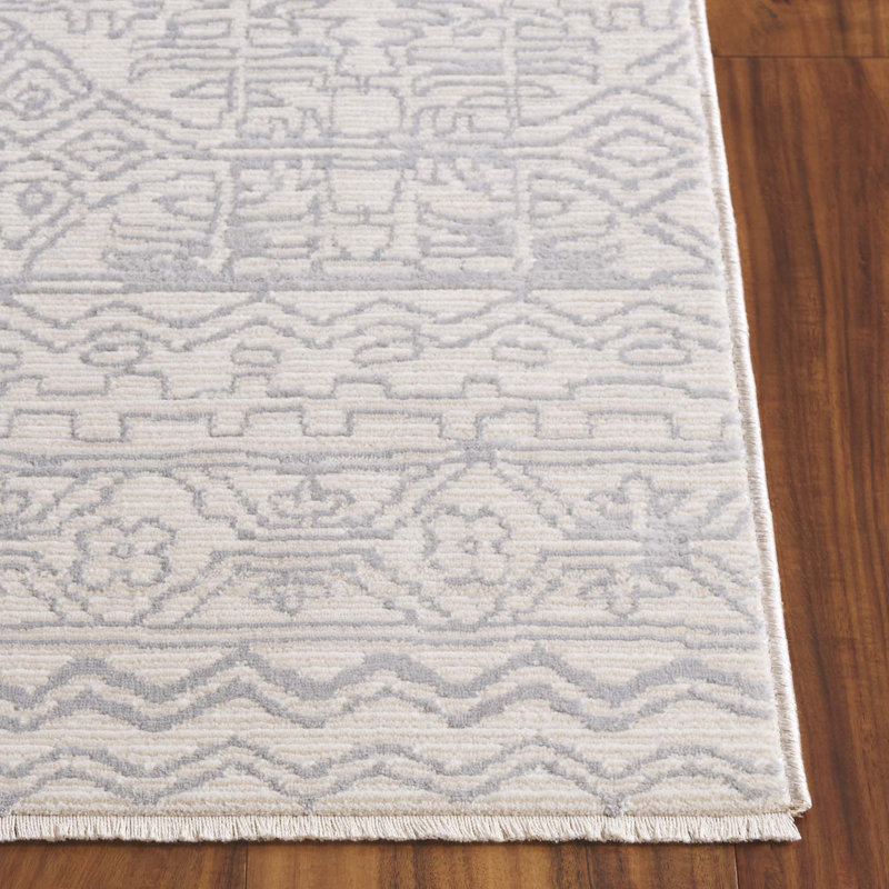 Tapis en polyester / viscose abstrait tissé à la machine en gris / ivoire, Rectangle de 5 pi x 8 pi