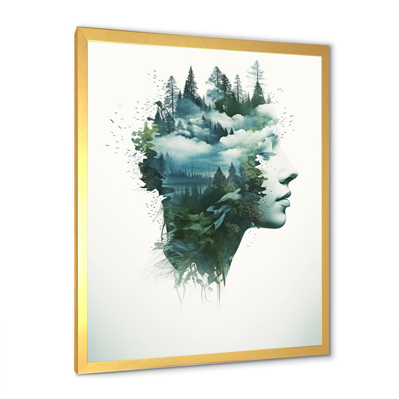 Mindfulness Calming Double Exposure Portrait I - reproduction, Cadre doré simple, H 40 po x l 30 po x P 1,5 po