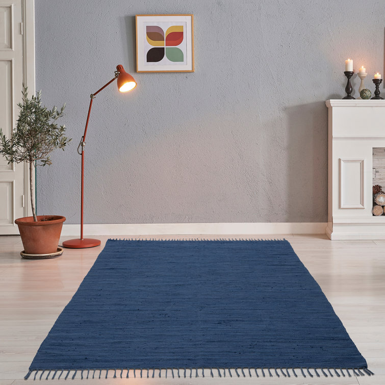 Handmade carpet Happy made of cotton in dark blue