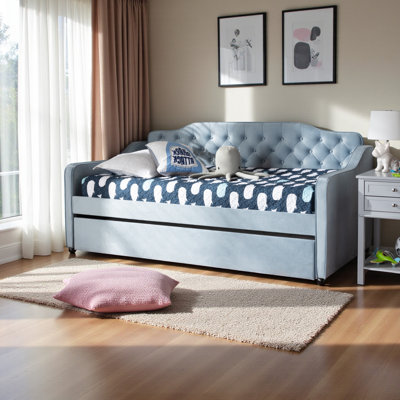 Montiera Modern Twin Size Velvet Daybed with Trundle in Light Blue, 39.18" H X 83.19" W X 42.21" L