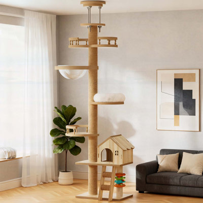 Arbre à chat du sol au plafond, tour pour chat à hauteur réglable avec poteau à griffer, grand condo en bois et hamac pour les maisons modernes