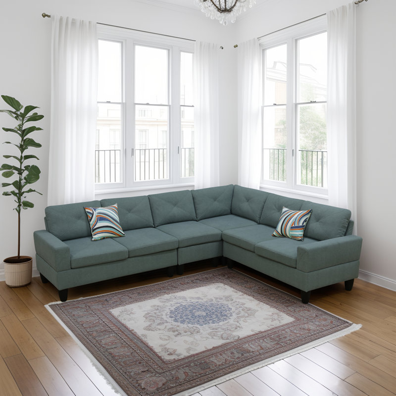 Caelean Upholstered L-Shaped Sectional Reversible, Gray Green Linen Blend, Black