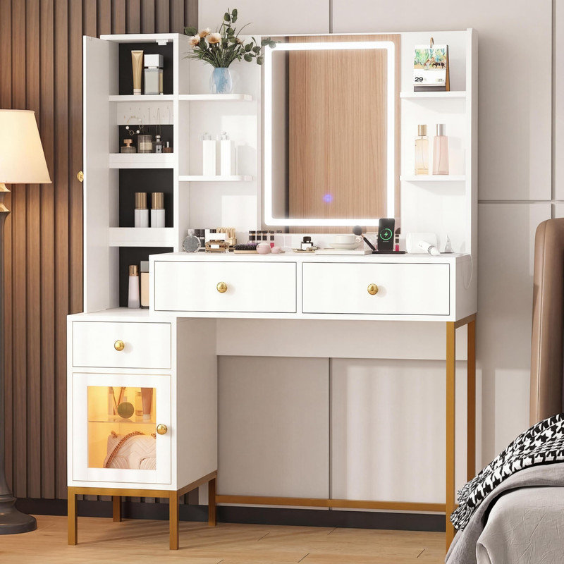 Bureau de coiffeuse blanc avec miroir et lumières, table de maquillage à DEL avec station de charge et rangement pour bijoux pour la chambre à coucher