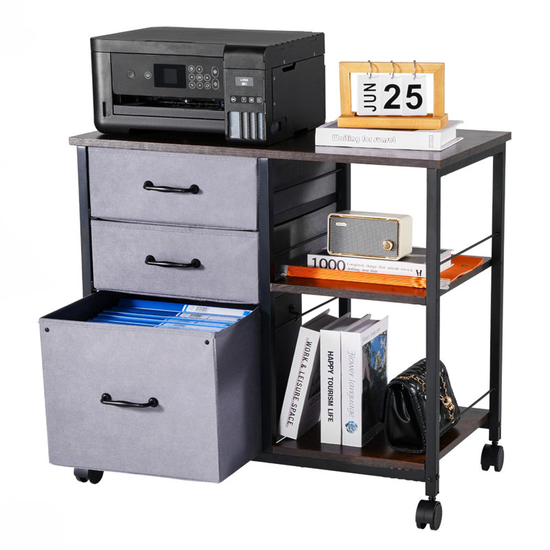Mobile Metal File Cabinet with 3 Fabric Drawers and 2 Open Shelves, Walnut/Gray/Black