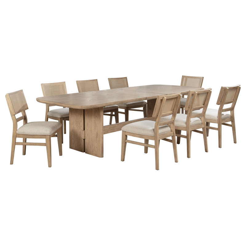 Coriene 9-piece Rectangular Wood Dining Table Set Beige Oak, 9 Pieces: Table, 8 Chairs