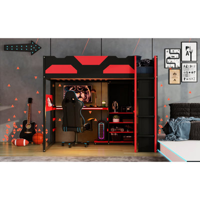 Full Size Red Wood Loft Bed With Desk, Led, Charging, And A Structure For Long - Lasting Use , Durability