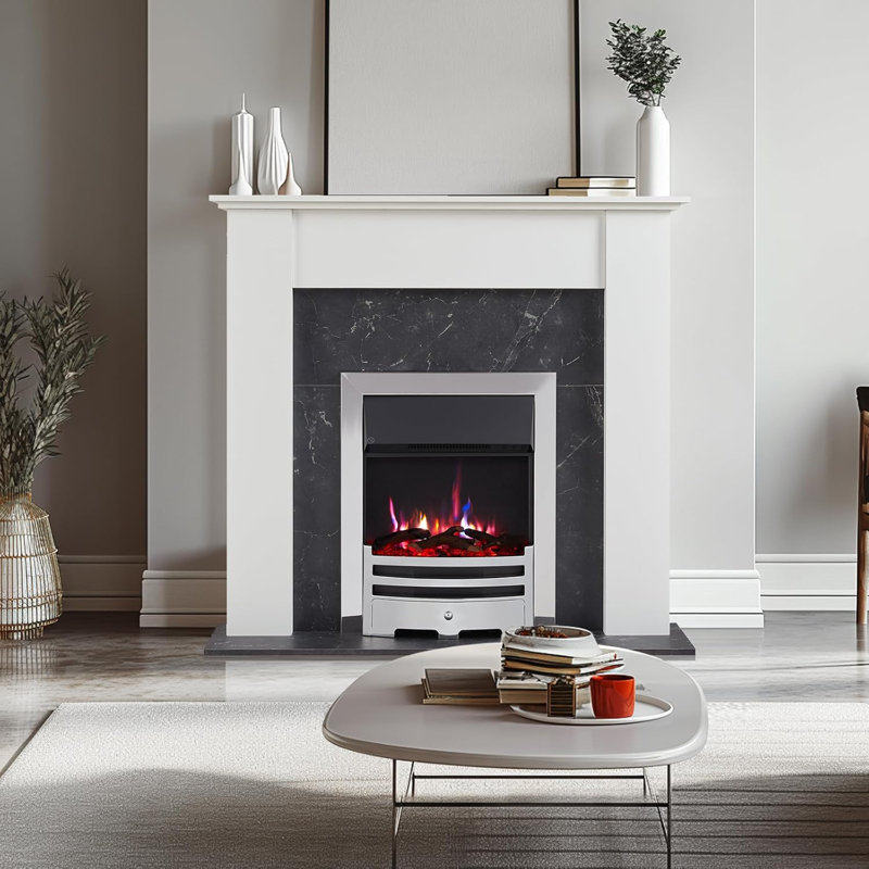 FLAMEKO Verona Electric Fireplace Insert, Logs and Black Chips Included 2kW Heater, Bauhaus Fret, Remote, Chrome