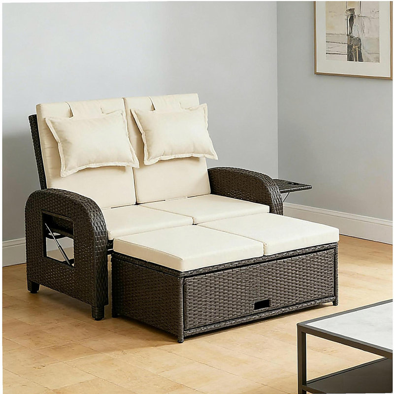 Lit de jour d'extérieur en osier, canapé convertible inclinable 3 en 1, lit de jour en rotin, Beige