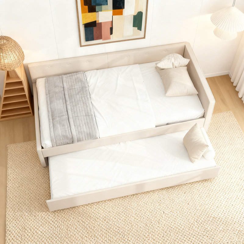 Lit plateforme tapissier avec port USB et lit gigogne simple, Grand lit