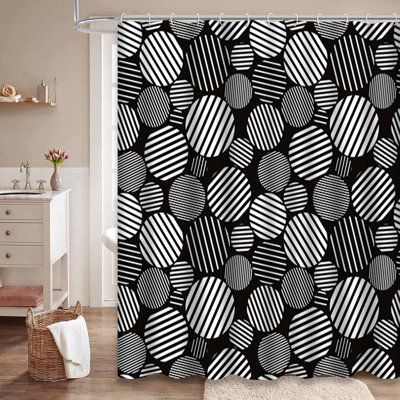 Rideau de douche noir à motif de cercles noirs abstraits avec 12 crochets