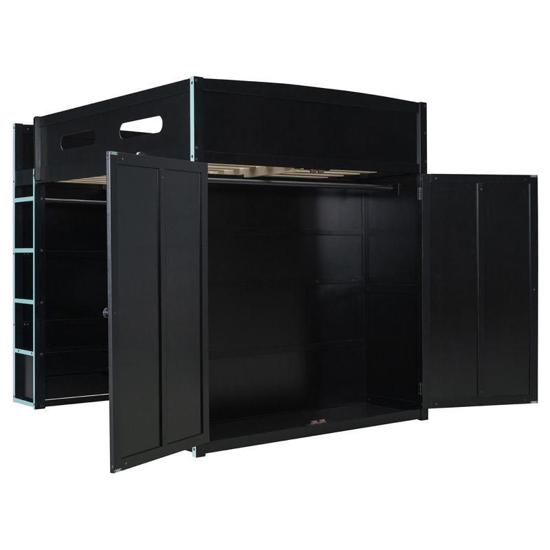 Full Size Wood Loft Bed with Desk, Wardrobe, Spacious Storage & RGB Lights, Space-Saving Bedroom Bed, Cloud Blue, Cloud Blue